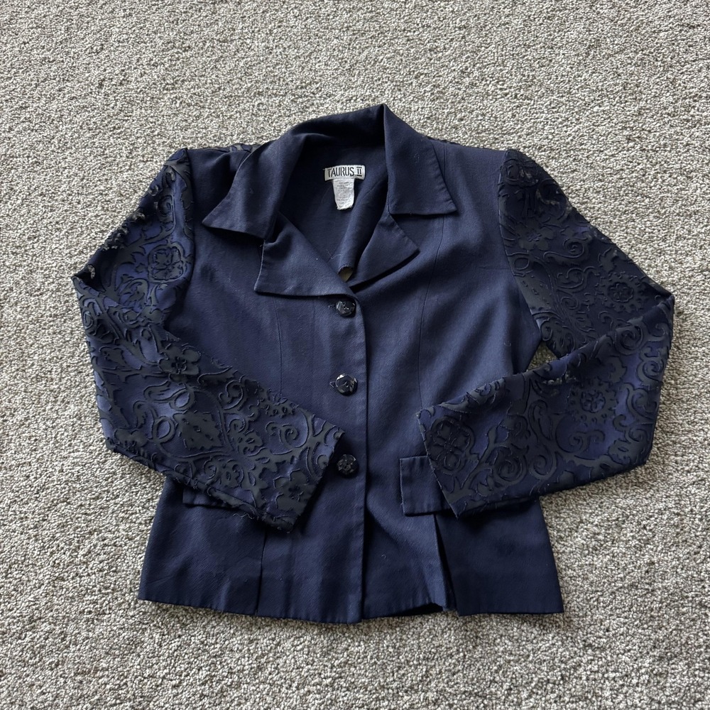 Vintage Taurus II Blazer Jacket Womens 4P Blue Floral Sheer Sleeves USA